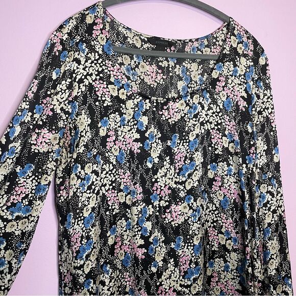 Vintage Express Slip Dress Long Sleeves Black Blue Ditsy Floral Y2K Large - Picture 2 of 8